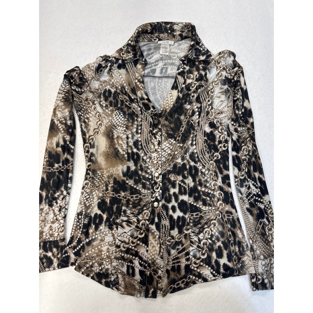 Cache Womens Leopard Chain Print Button Down Blouse Long Sleeve Brown XS